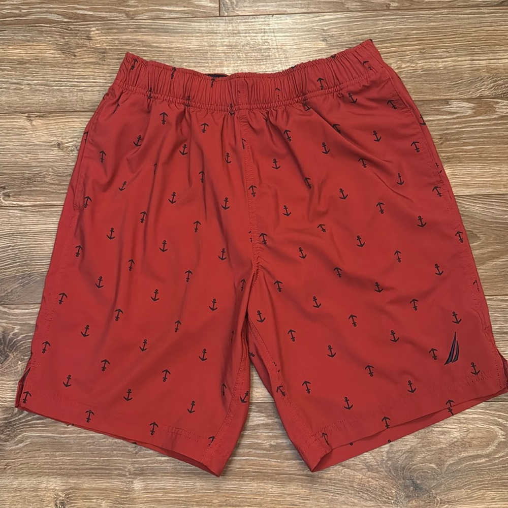 Nautica Red and Blue Swim Trunk Anchor Print